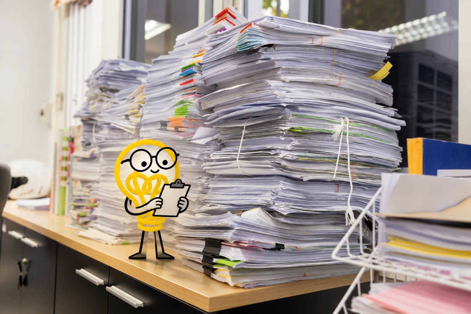 Charlie, holding a clipboard, beside towering stacks of paperwork on an office desk