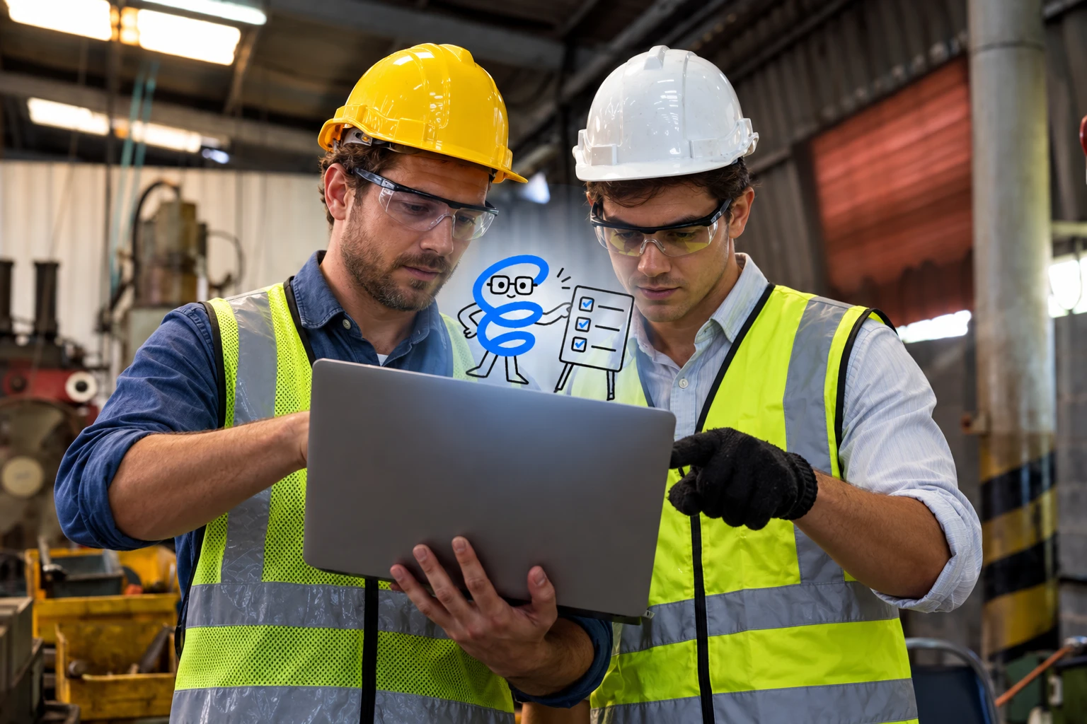 Two engineers in hard hats reviewing a laptop on the shop floor, with Danielle beside the screen