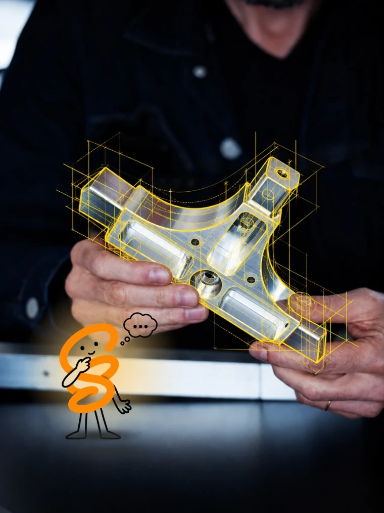 Kim thinking over a machined part held up in a machinist’s hands, traced in gold drawing lines
